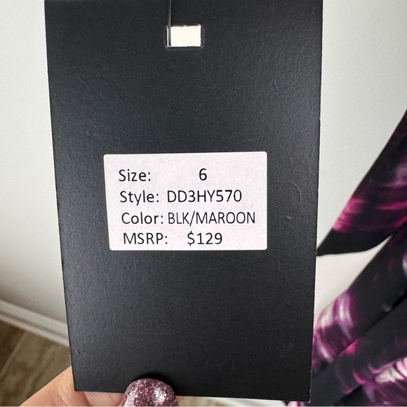 NWT DKNY Black Floral Wrap Mock Wrap Midi Dress Size 6 Sheer Long Sleeve - Picture 6 of 12